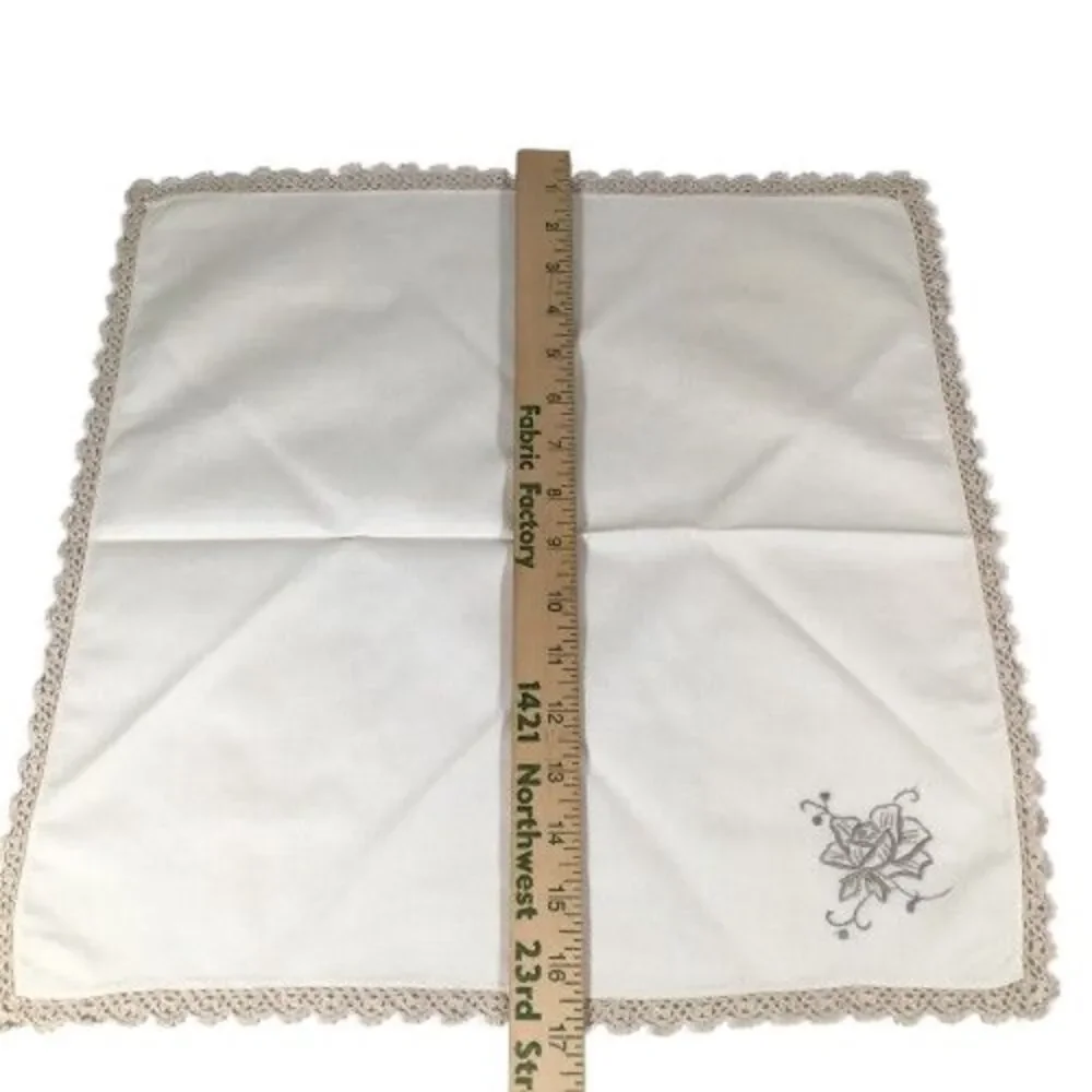 Set of 4 Vintage Ecru Linen Dinner Napkins w/Taupe Embroidered Flower & Edging